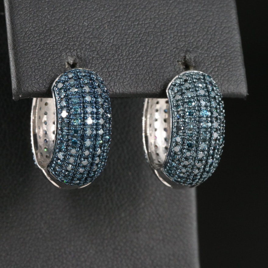 Sterling Silver 2.01 CTW Pavé Fancy Blue Diamond Huggie Earrings