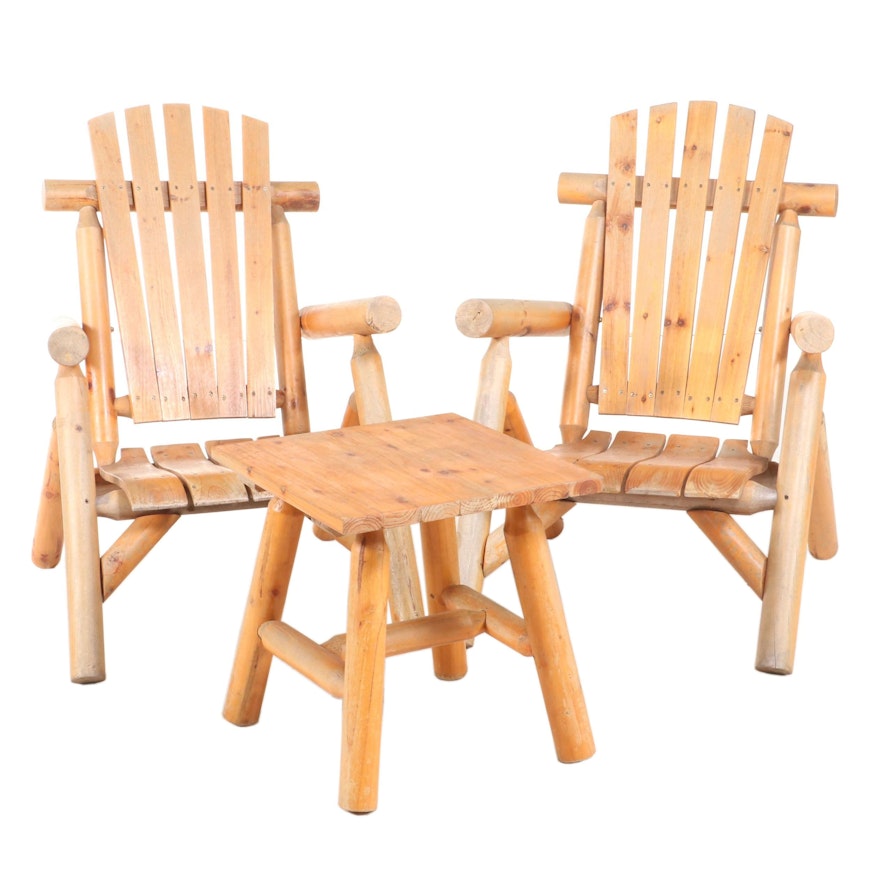 Pair of Adirondack Style Pine Patio Armchairs Plus Side Table