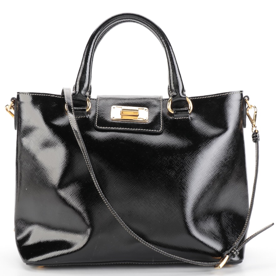 Prada Small Open Convertible Tote Bag in Black Patent Saffiano Leather