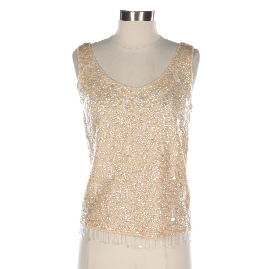 Sequined and Beaded Wool Blend Knit Shell