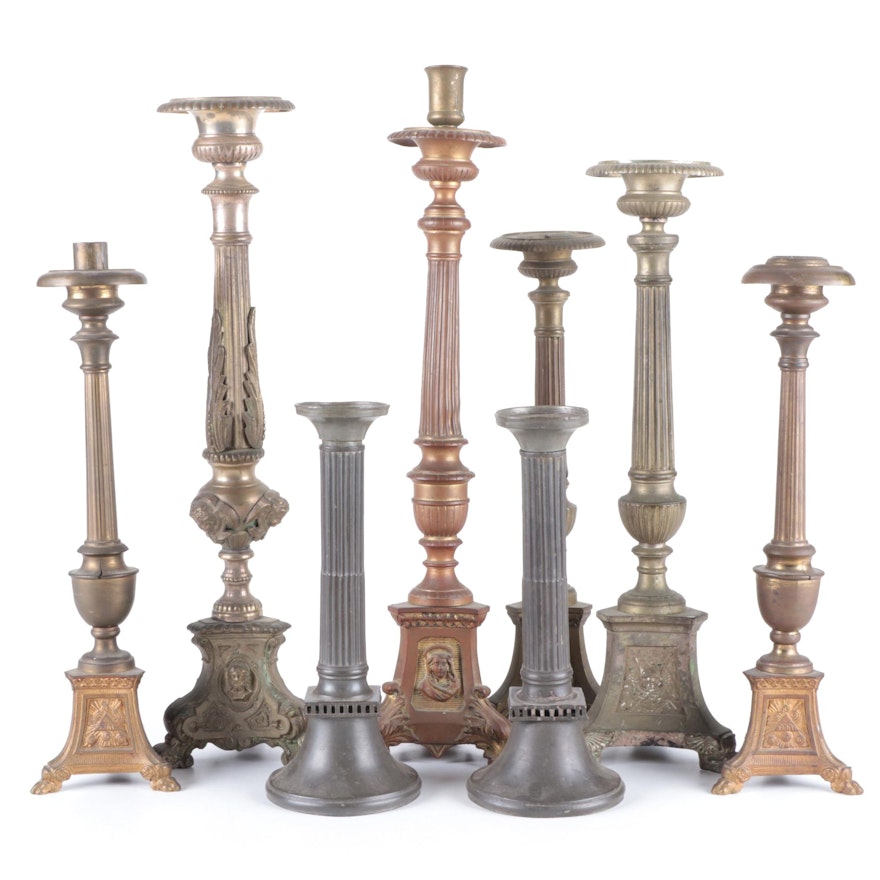 Gilt Metal, Copper and Brass Altar Prickets and Candlesticks