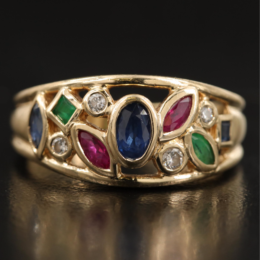 14K Sapphire, Ruby, Emerald and Diamond Openwork Tapered Ring