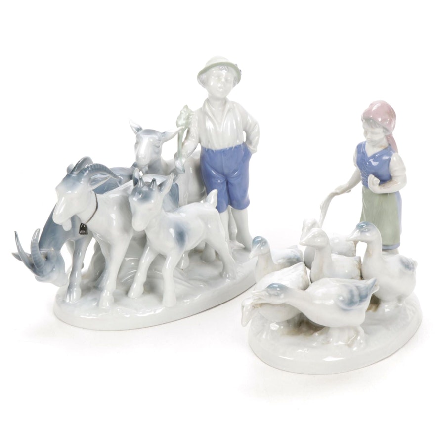 Gerold Porzellan "Girl with Geese" and "Boy with Goats" Porcelain Figurines