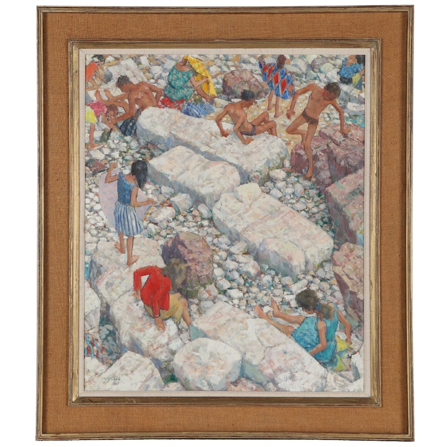 Frank Runacres Oil Painting "Rocks and Figures," 1967