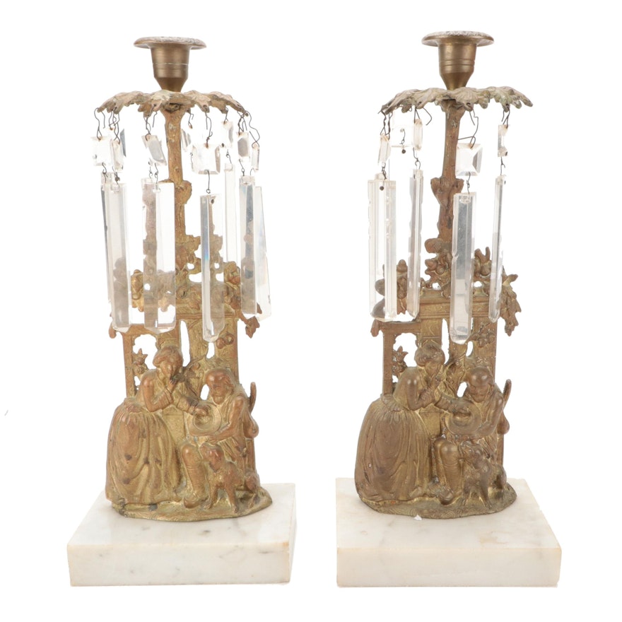 Pair of Victorian Marble and Brass Mantel Lusters, Late 19th/Early 20th Century