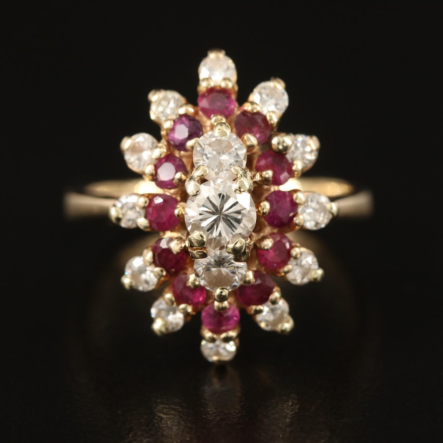 14K Diamond and Ruby Navette Cluster Ring