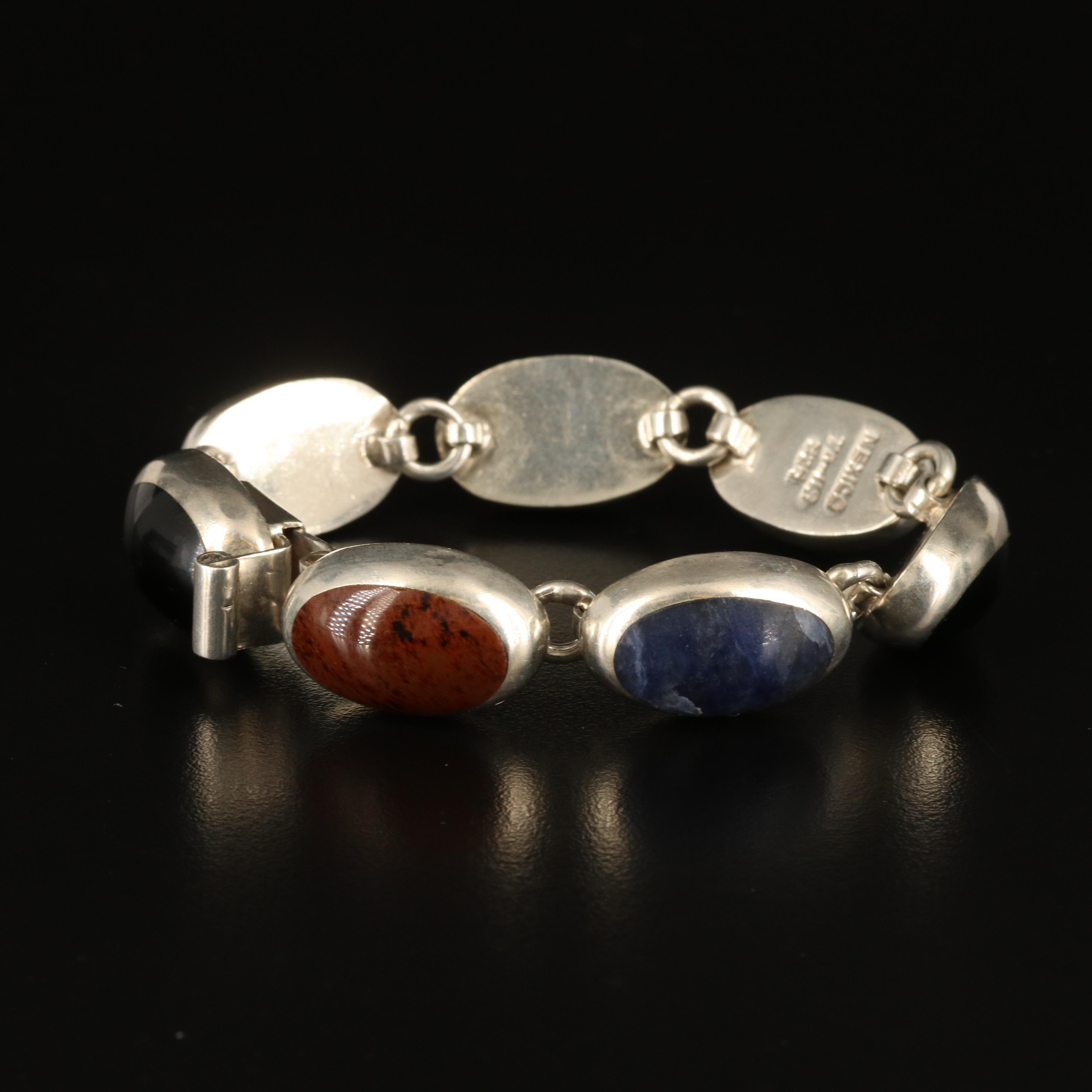 Mexican Sterling Inlay Bracelet with Sodalite, Aventurine and Jasper