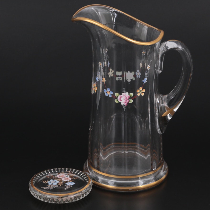 Hand-Painted Floral Motif Glass Pitcher and Coaster