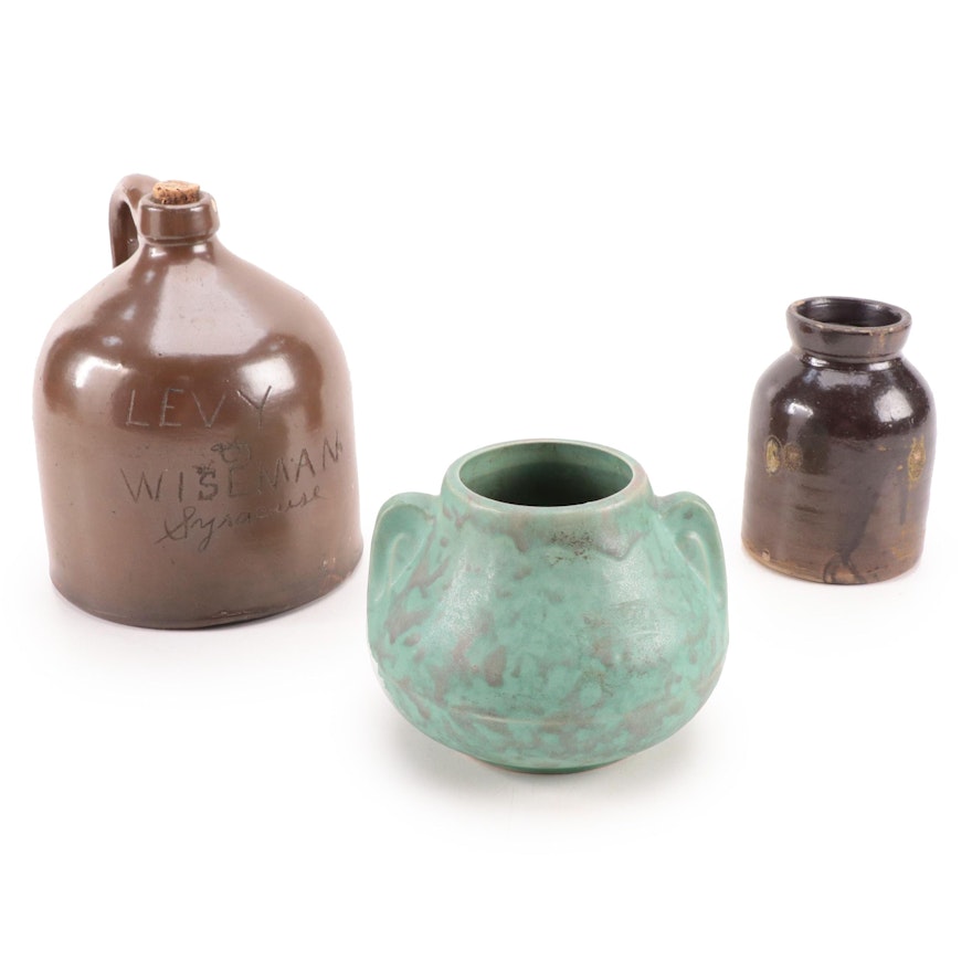 Brown Stoneware Beehive Jug and Jar with Turquoise Vase, Early 20th Century