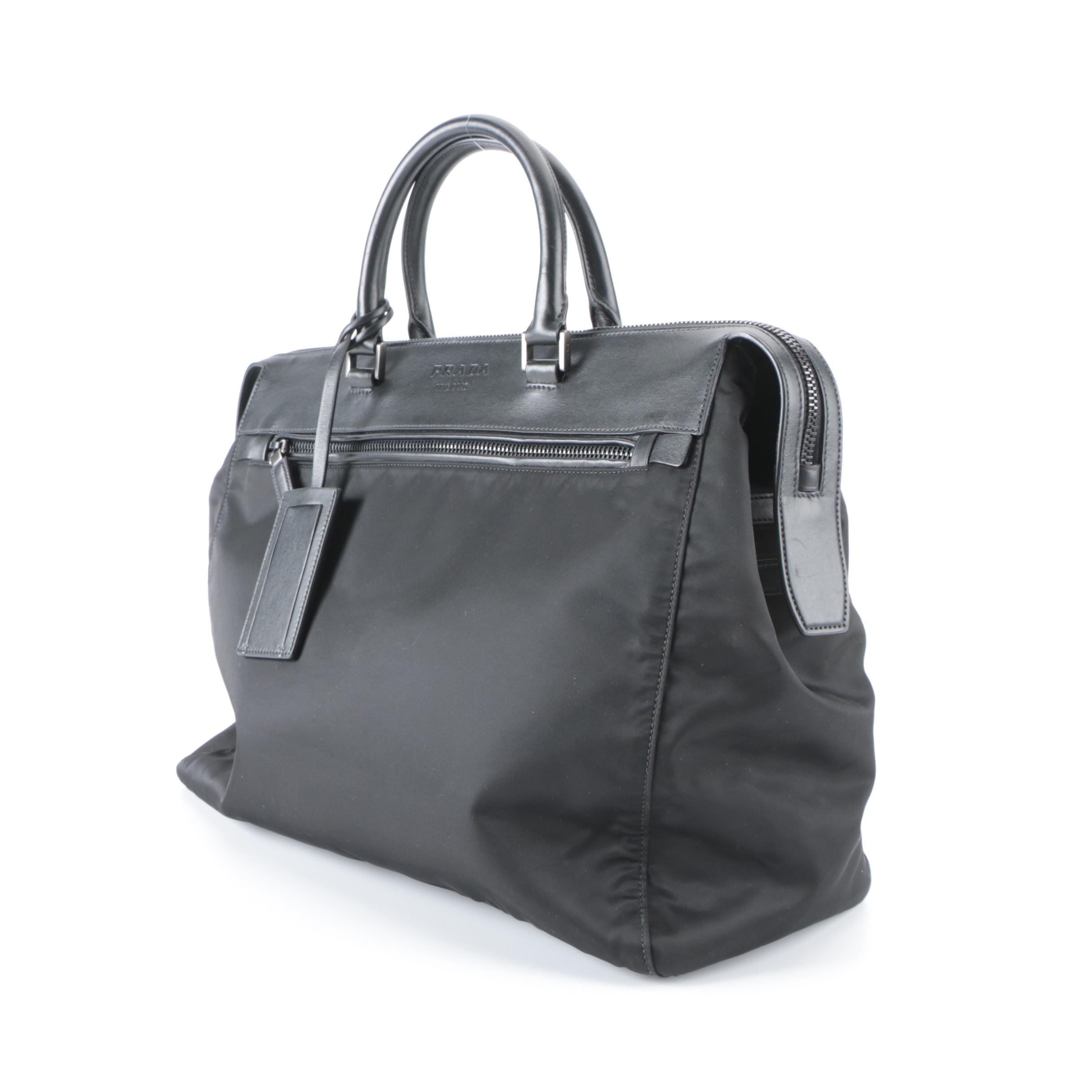 Prada Black Tessuto Nylon and Leather Weekender Zip Bag