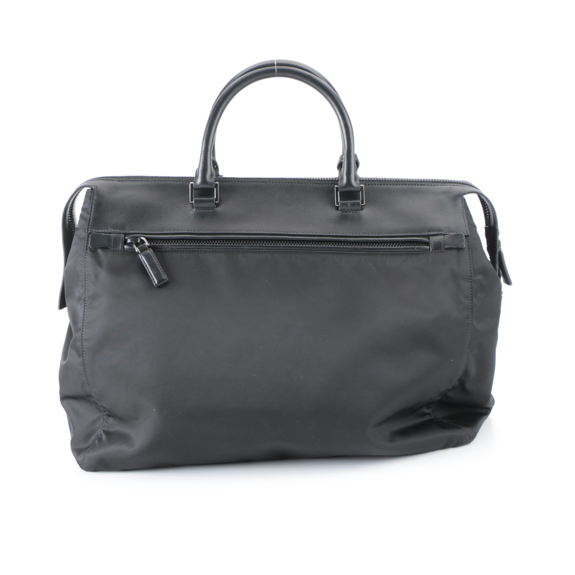 Prada Black Tessuto Nylon and Leather Weekender Zip Bag