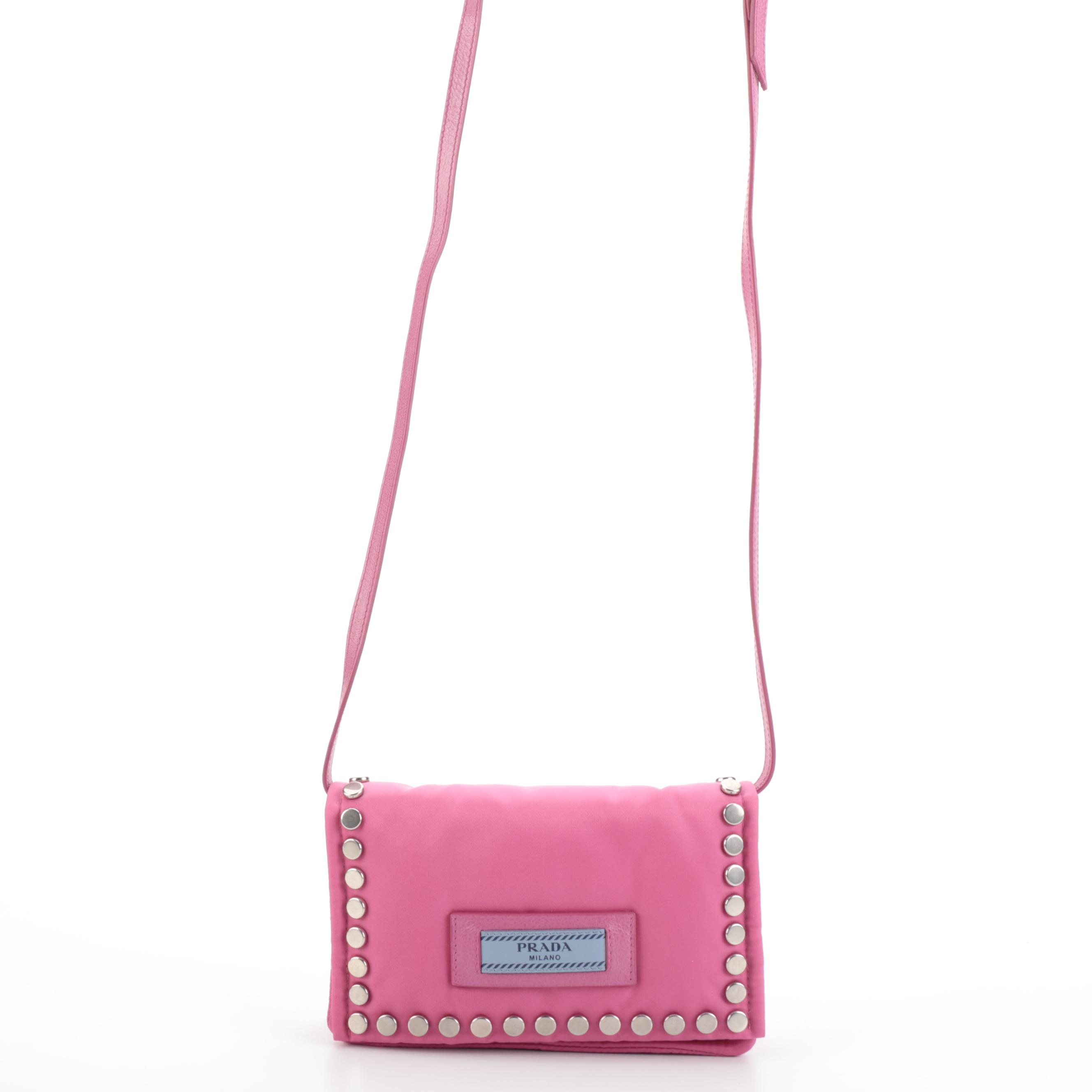 Prada Etiquette Front Flap Crossbody in Studded Pink Tessuto Nylon