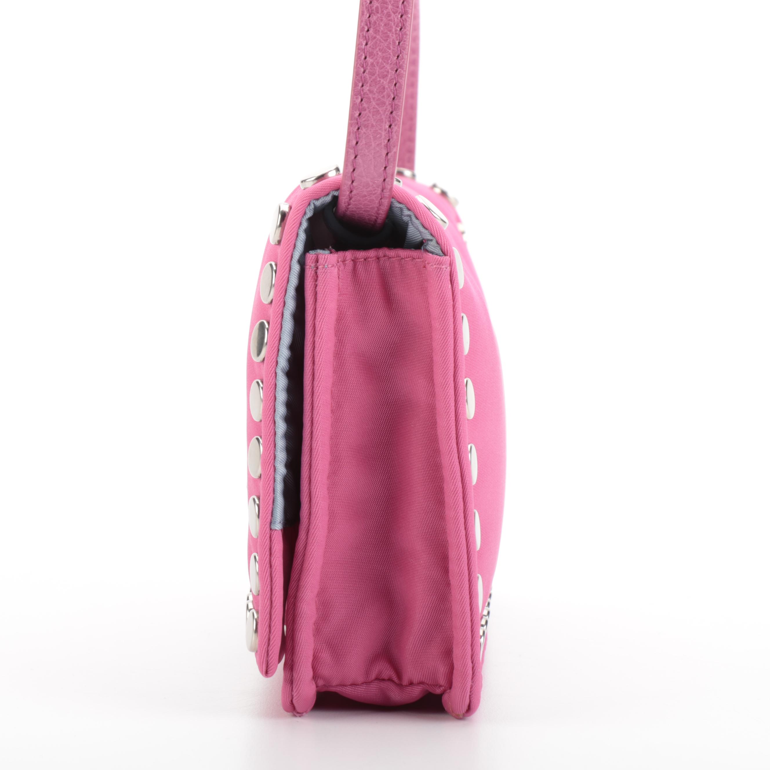 Prada Etiquette Front Flap Crossbody in Studded Pink Tessuto Nylon