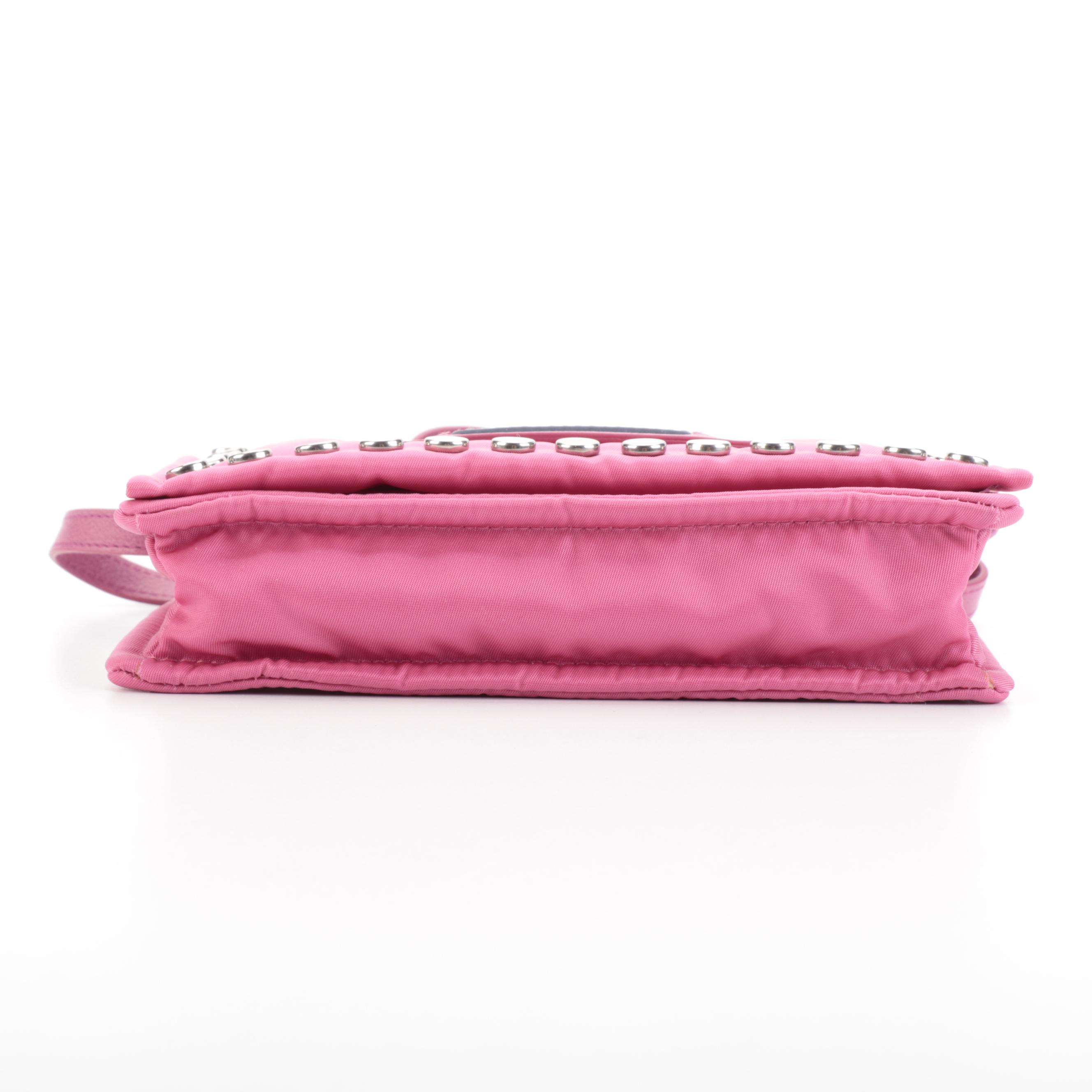Prada Etiquette Front Flap Crossbody in Studded Pink Tessuto Nylon