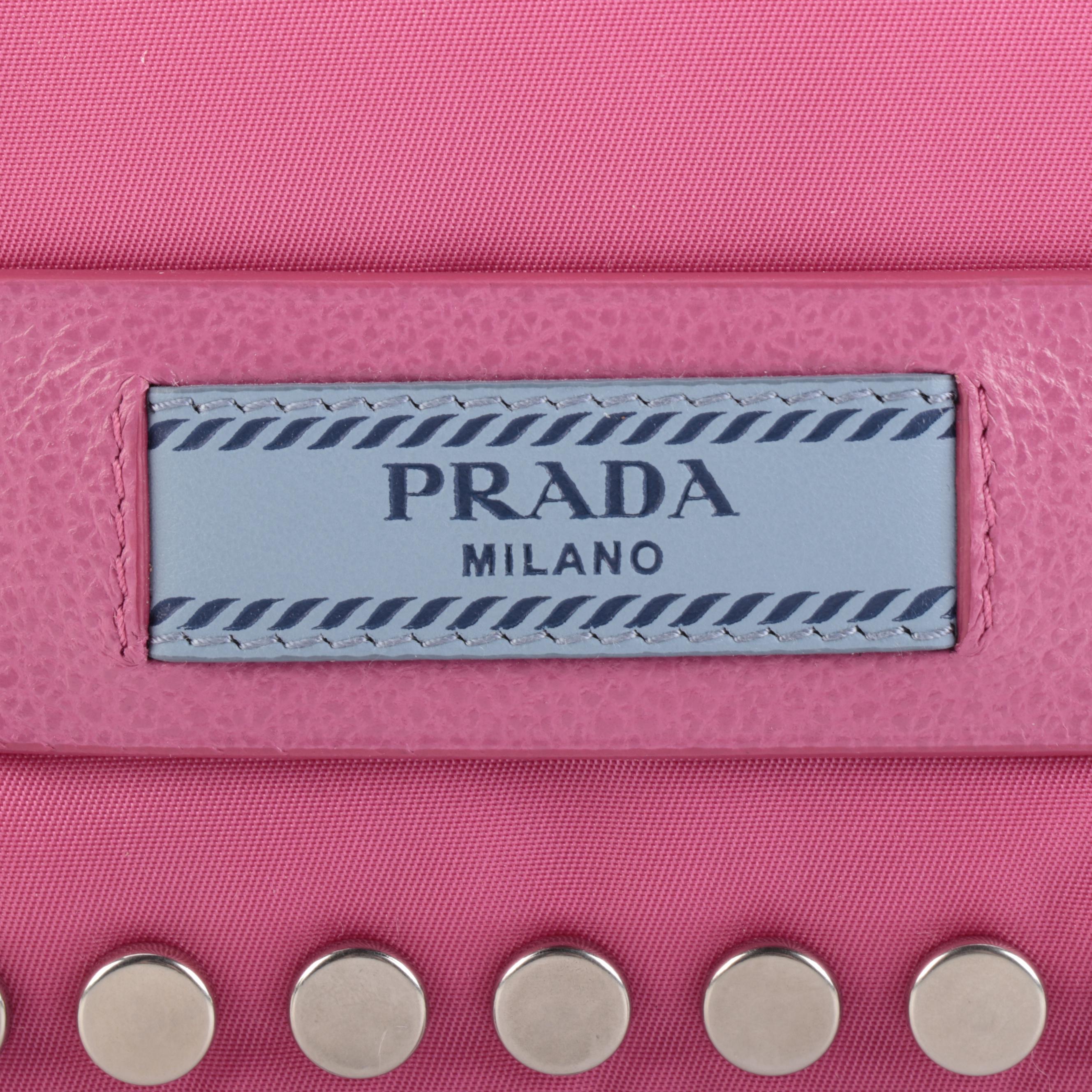 Prada Etiquette Front Flap Crossbody in Studded Pink Tessuto Nylon