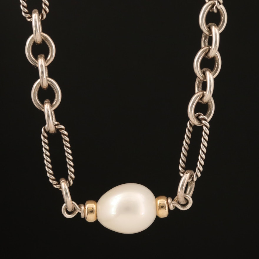 David Yurman Sterling Pearl Station Necklace with 18K Accents