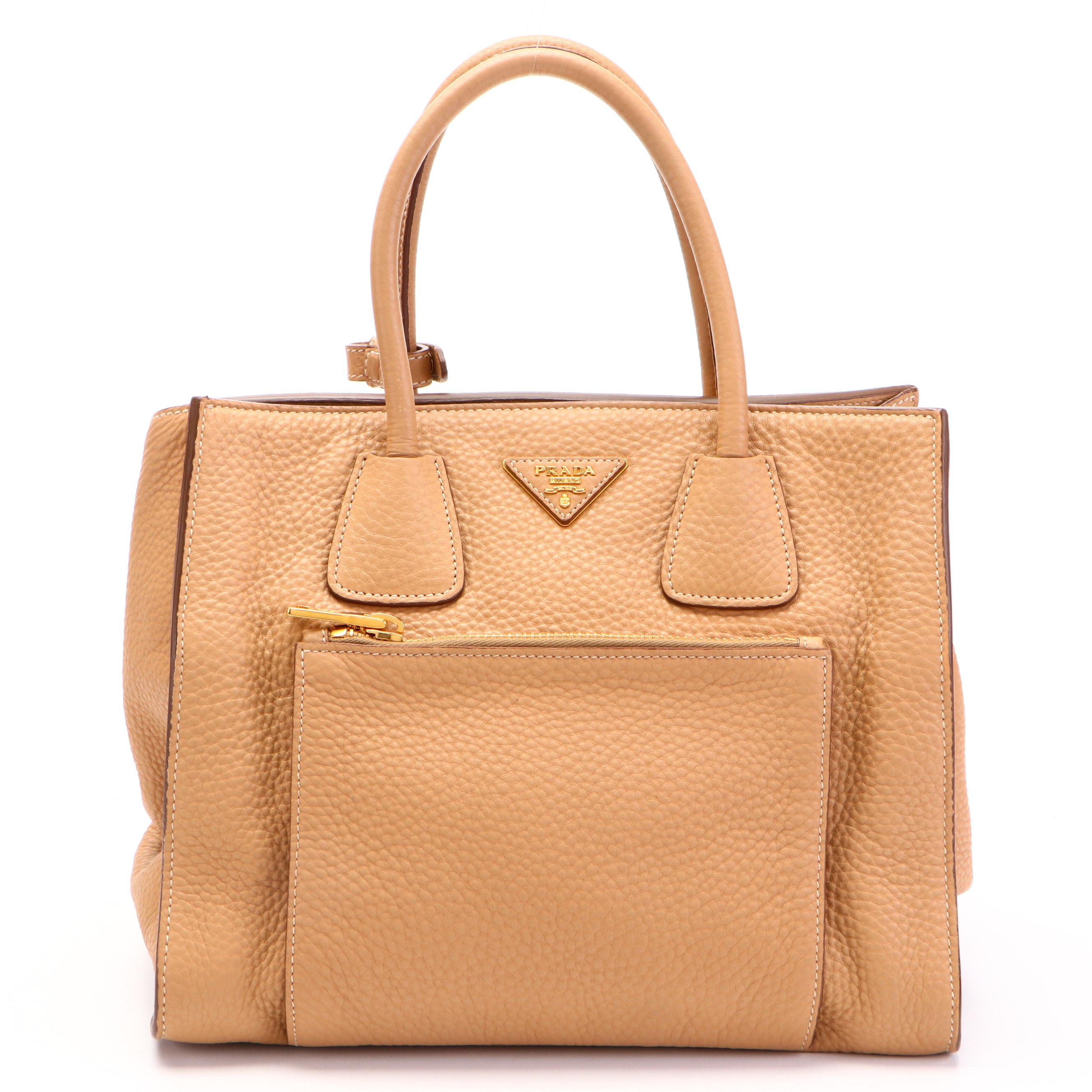 Prada Wing Convertible Tote Bag with Front Pocket in Tan Vitello Daino Leather