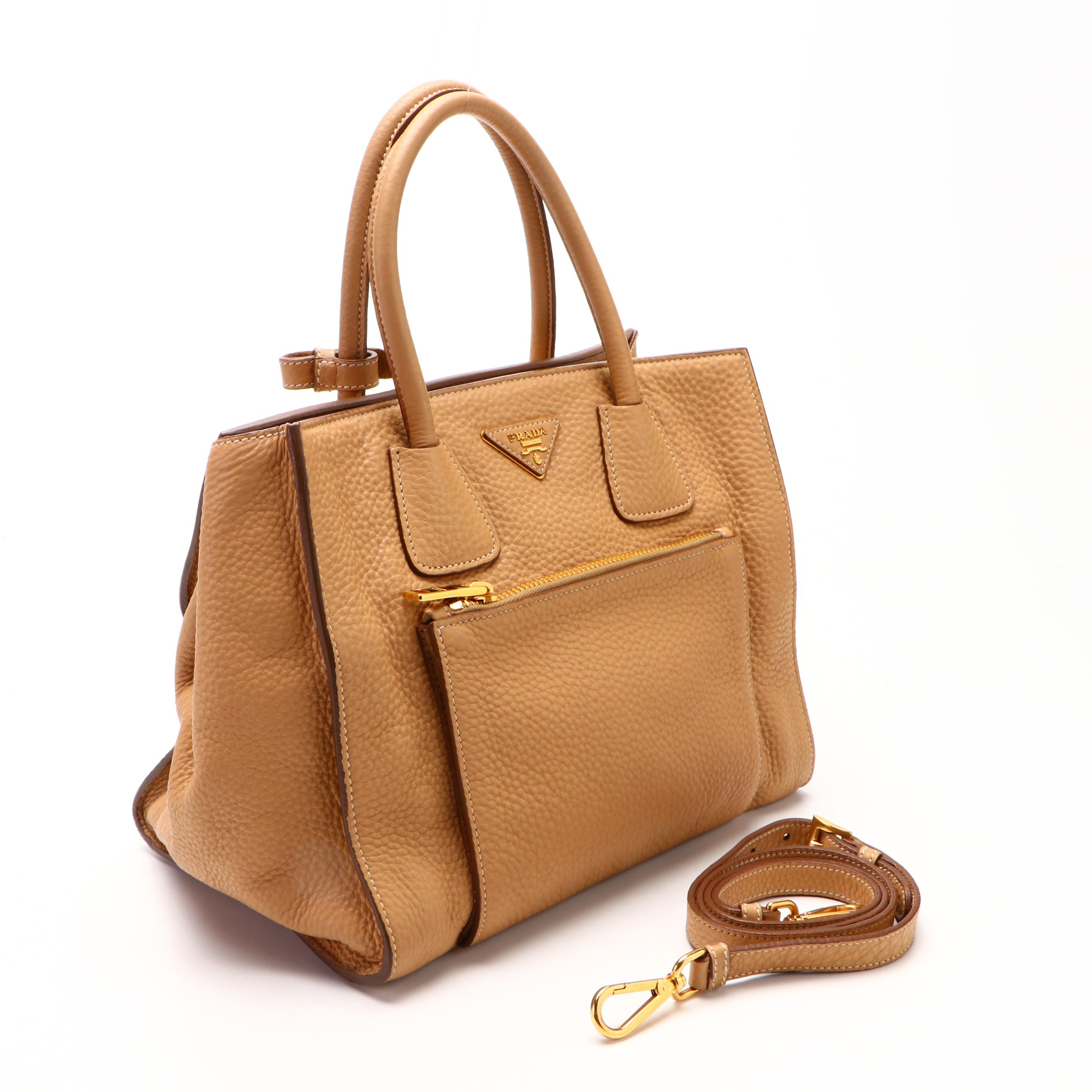 Prada Wing Convertible Tote Bag with Front Pocket in Tan Vitello Daino Leather