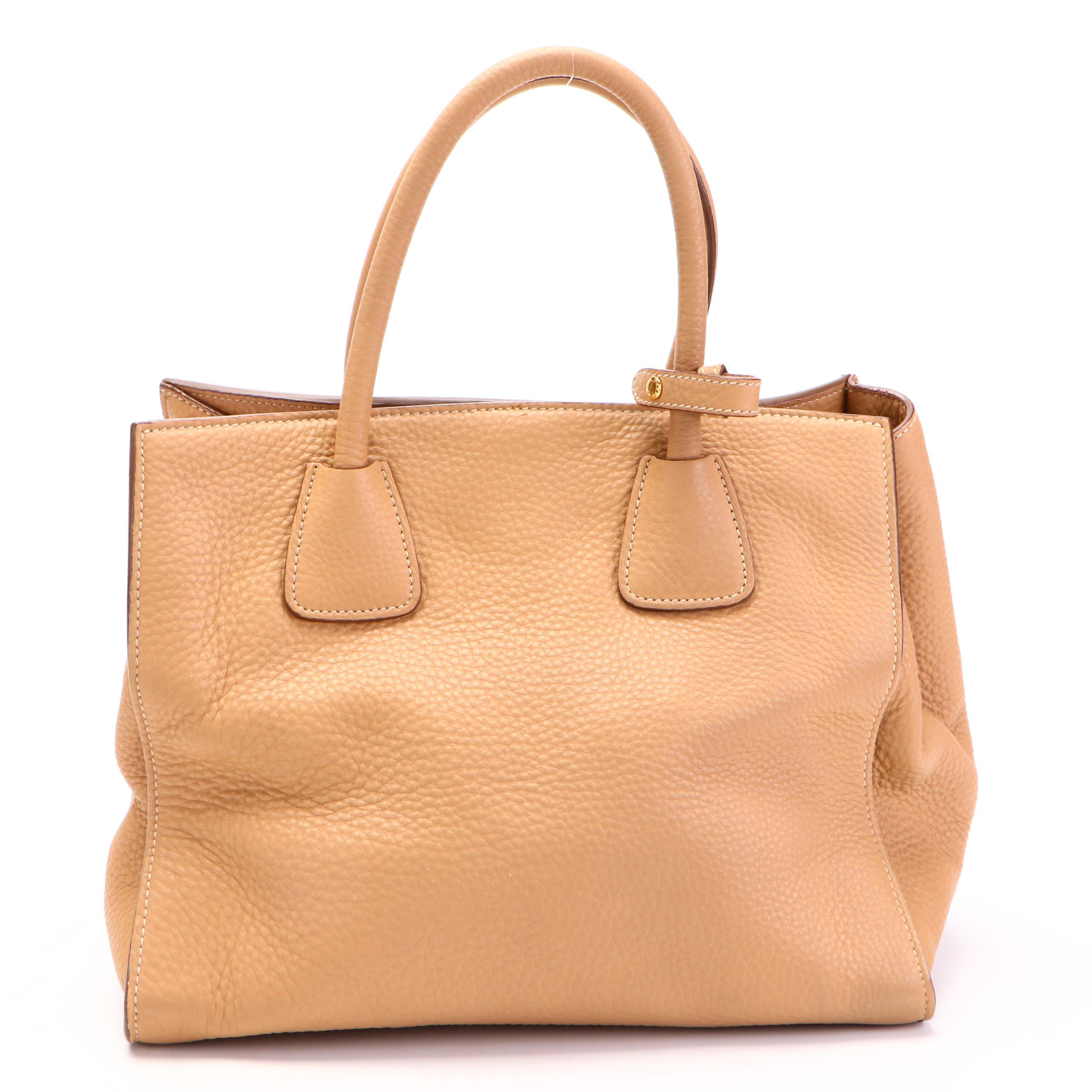 Prada Wing Convertible Tote Bag with Front Pocket in Tan Vitello Daino Leather