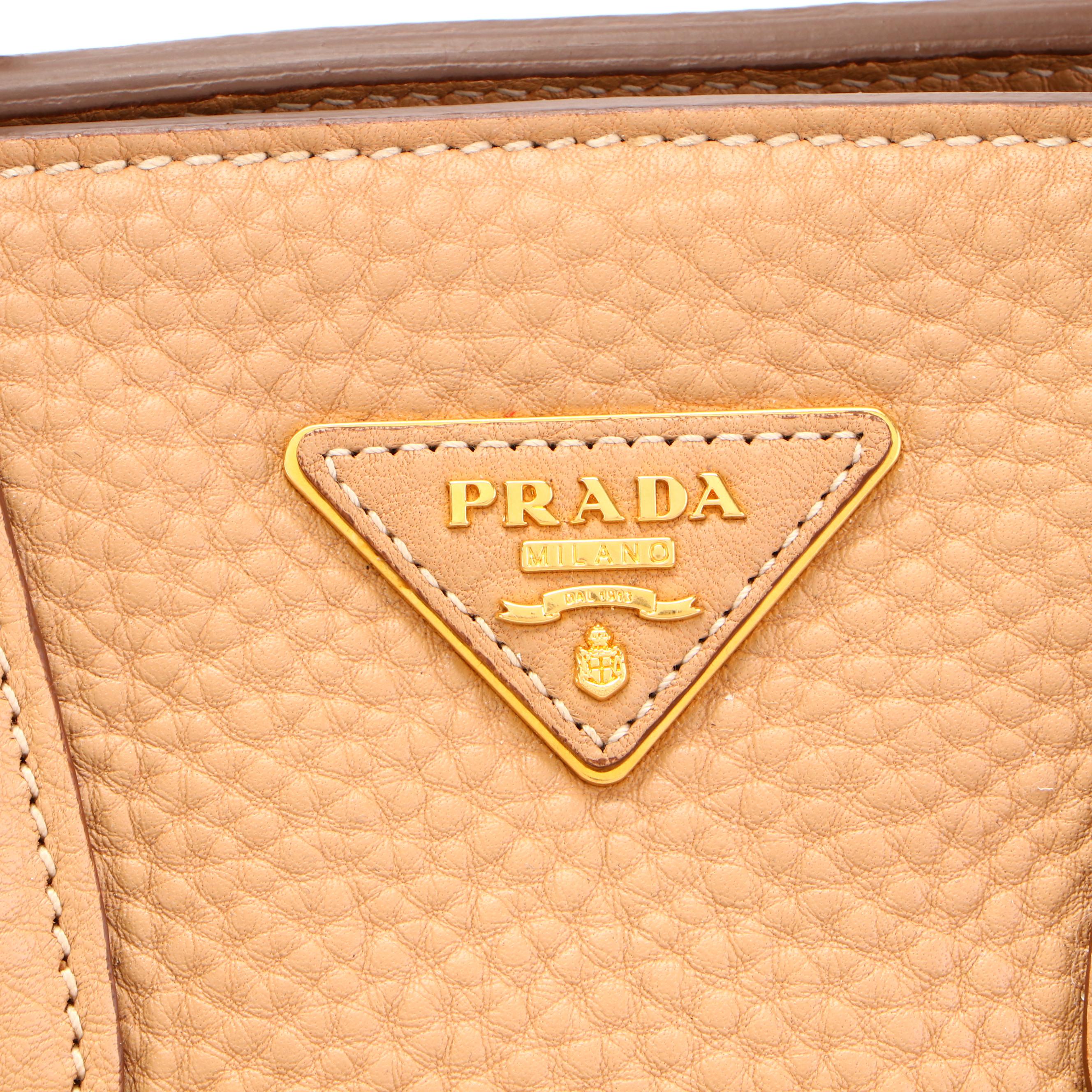 Prada Wing Convertible Tote Bag with Front Pocket in Tan Vitello Daino Leather