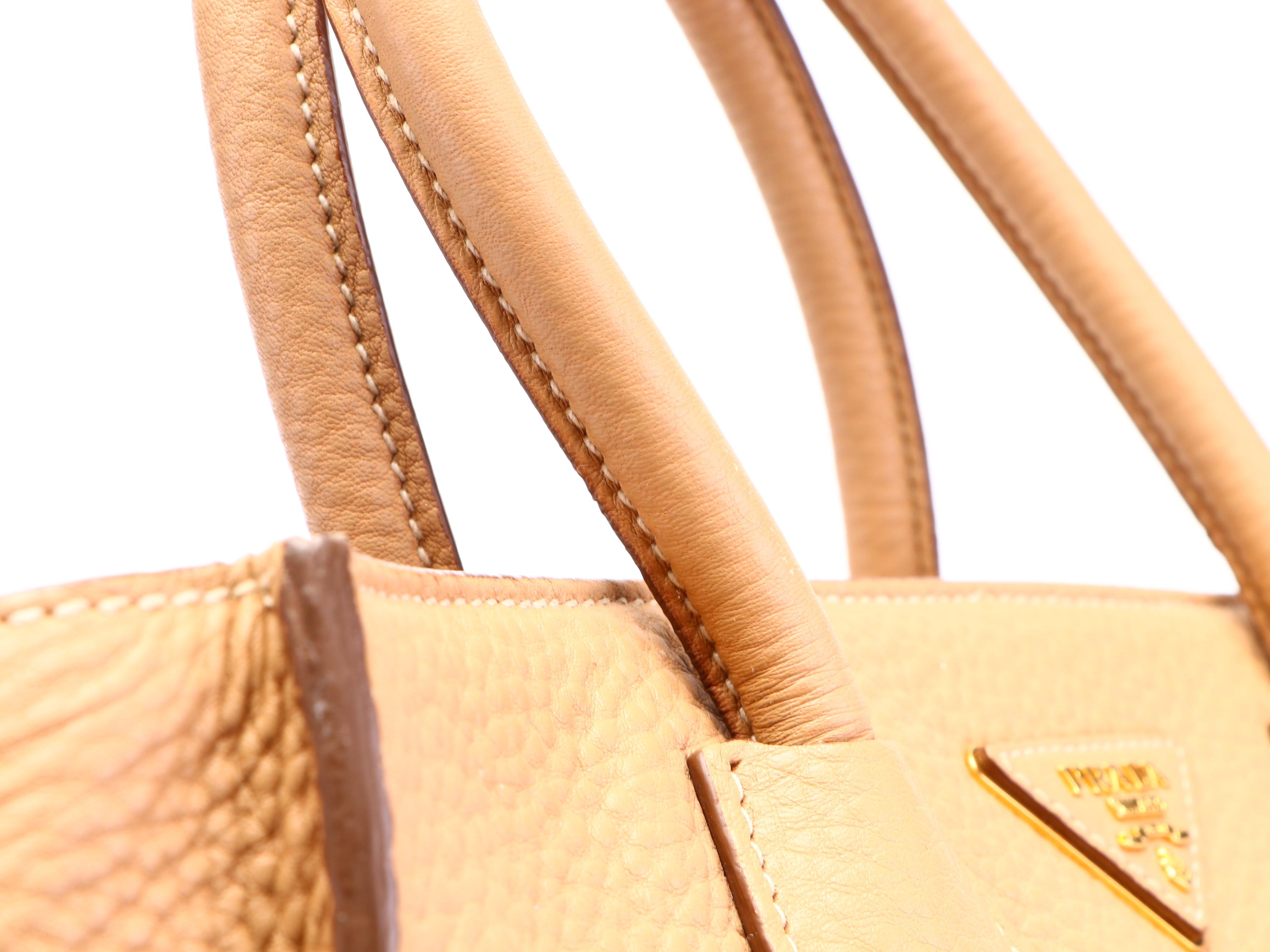 Prada Wing Convertible Tote Bag with Front Pocket in Tan Vitello Daino Leather