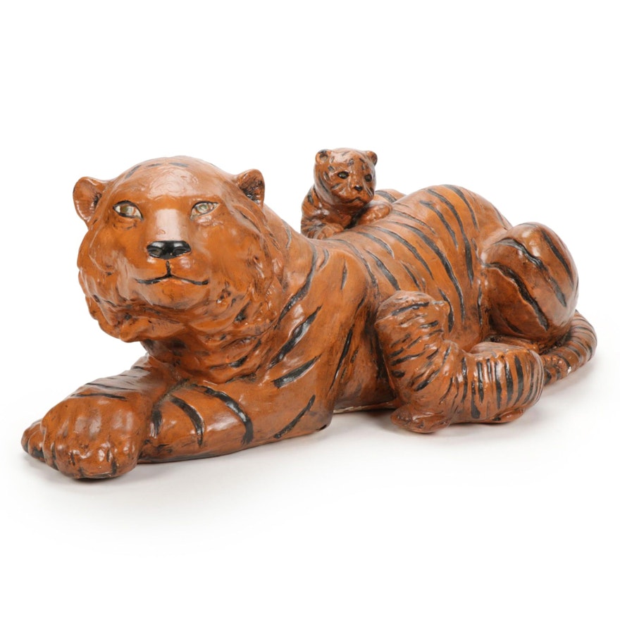 Hand-Painted Chalkware Tiger with Cubs Figurine