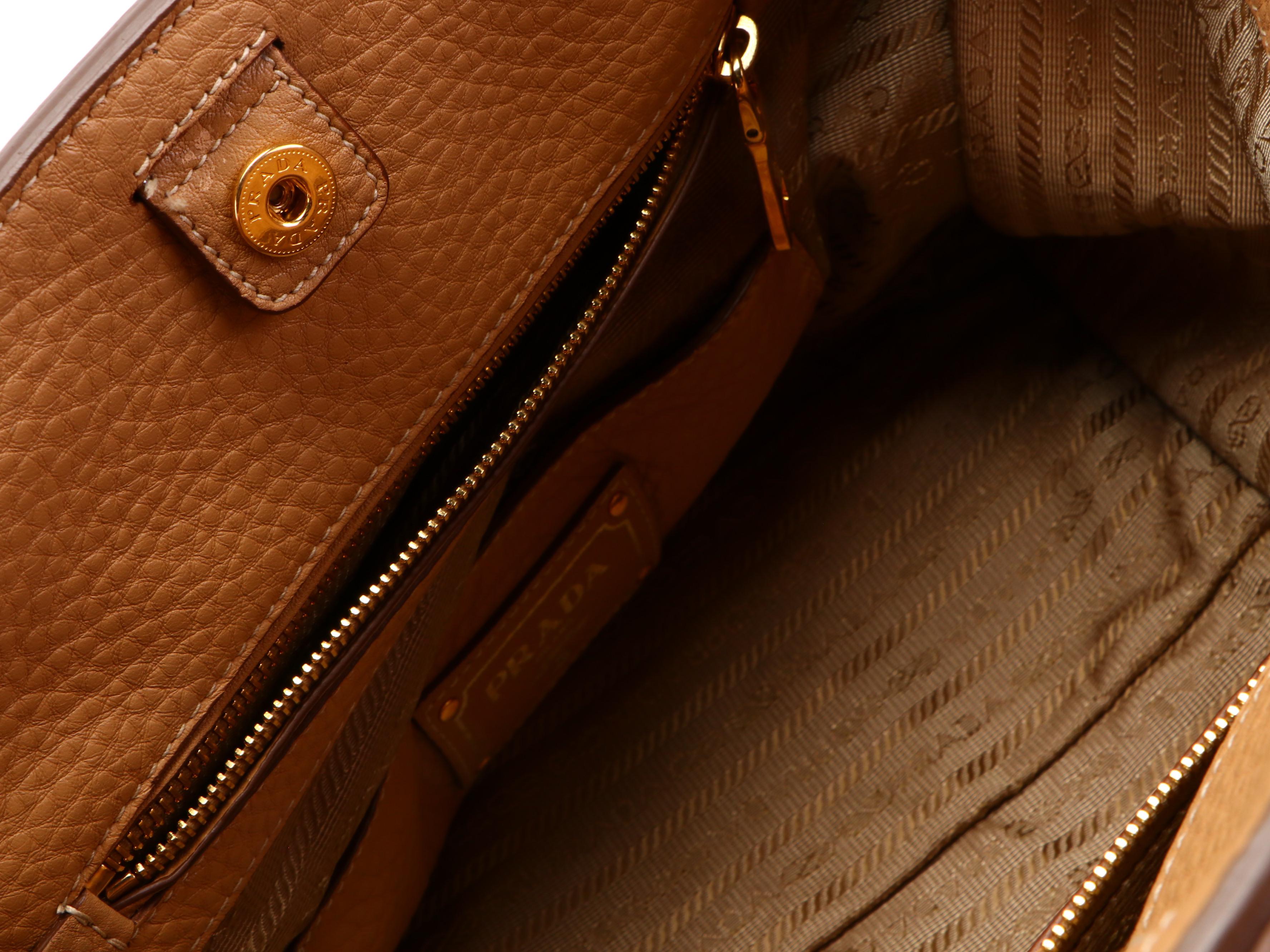 Prada Wing Convertible Tote Bag with Front Pocket in Tan Vitello Daino Leather