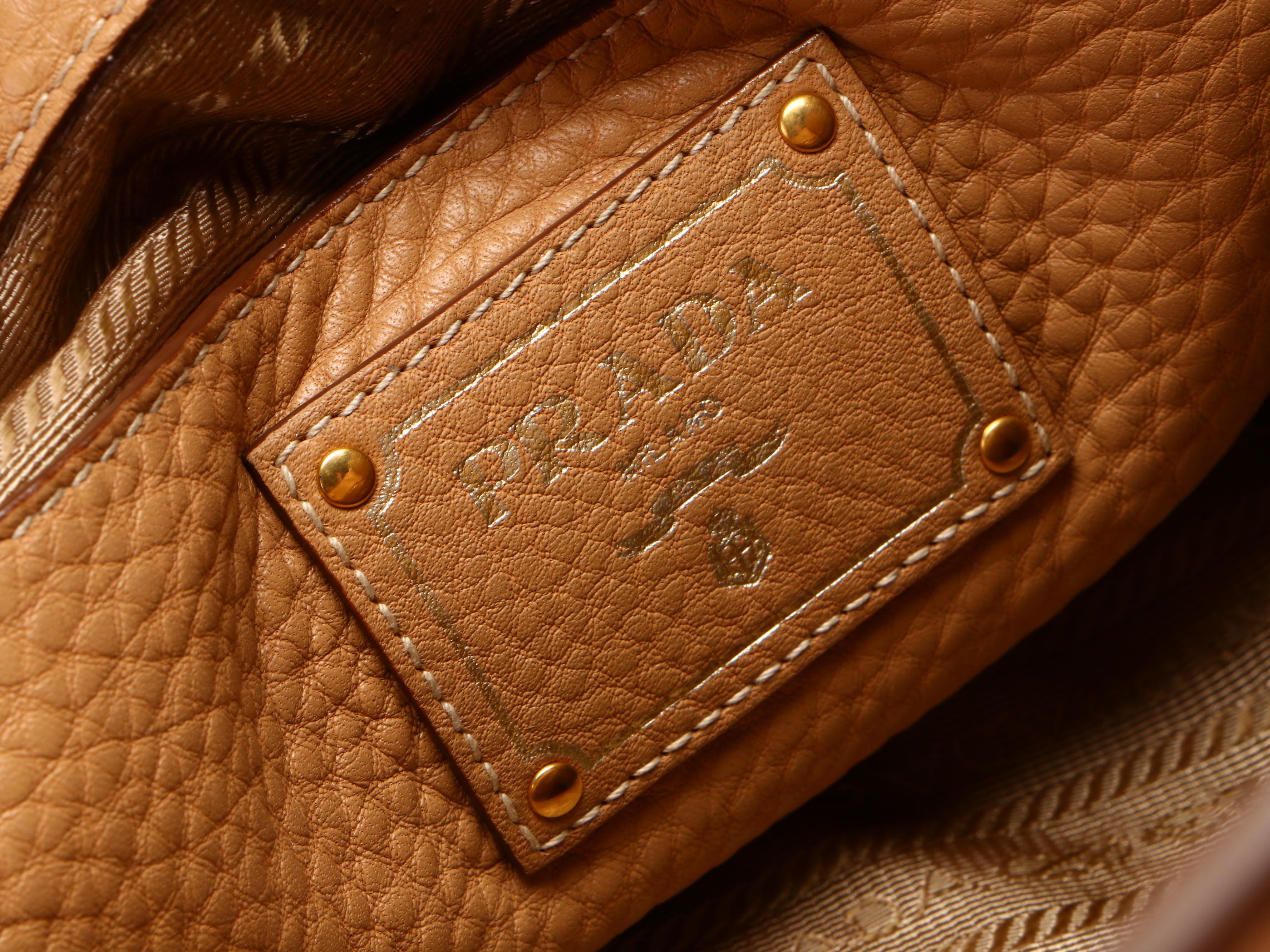 Prada Wing Convertible Tote Bag with Front Pocket in Tan Vitello Daino Leather