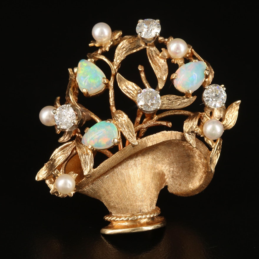 14K Opal, Pearl and 1.40 CTW Diamond Giardinetti Brooch