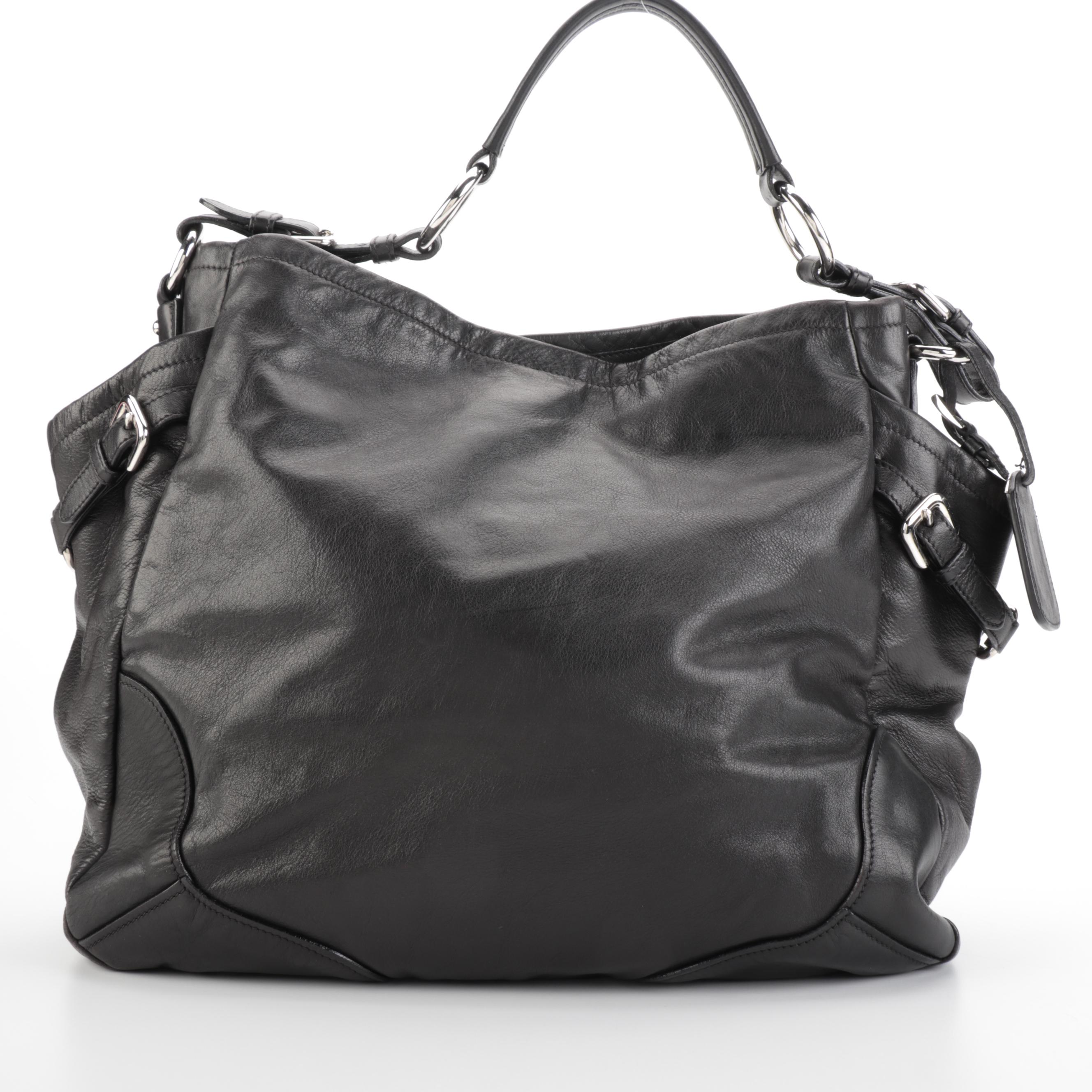 Prada Black Leather Side Pocket Hobo Bag