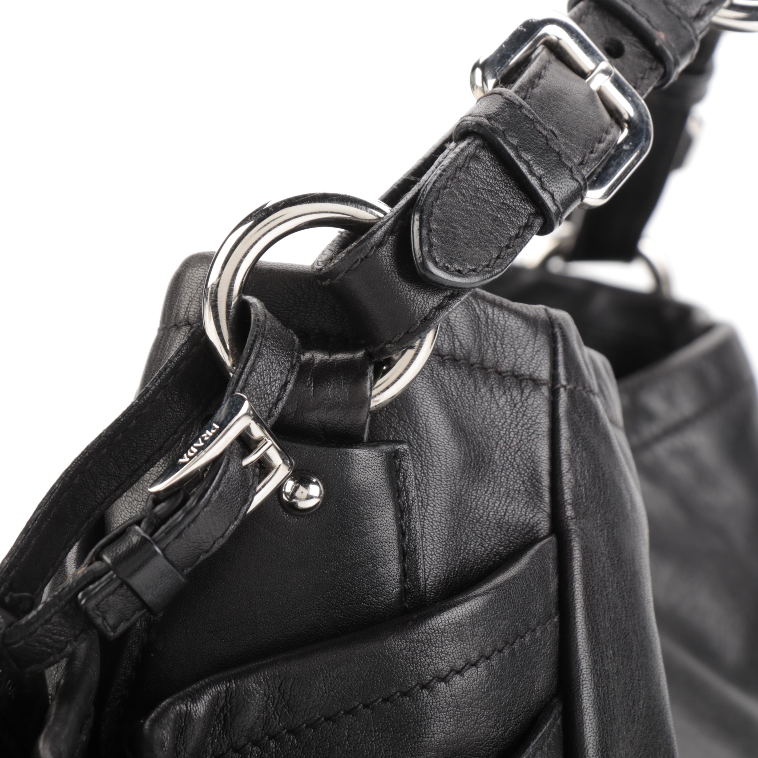 Prada Black Leather Side Pocket Hobo Bag