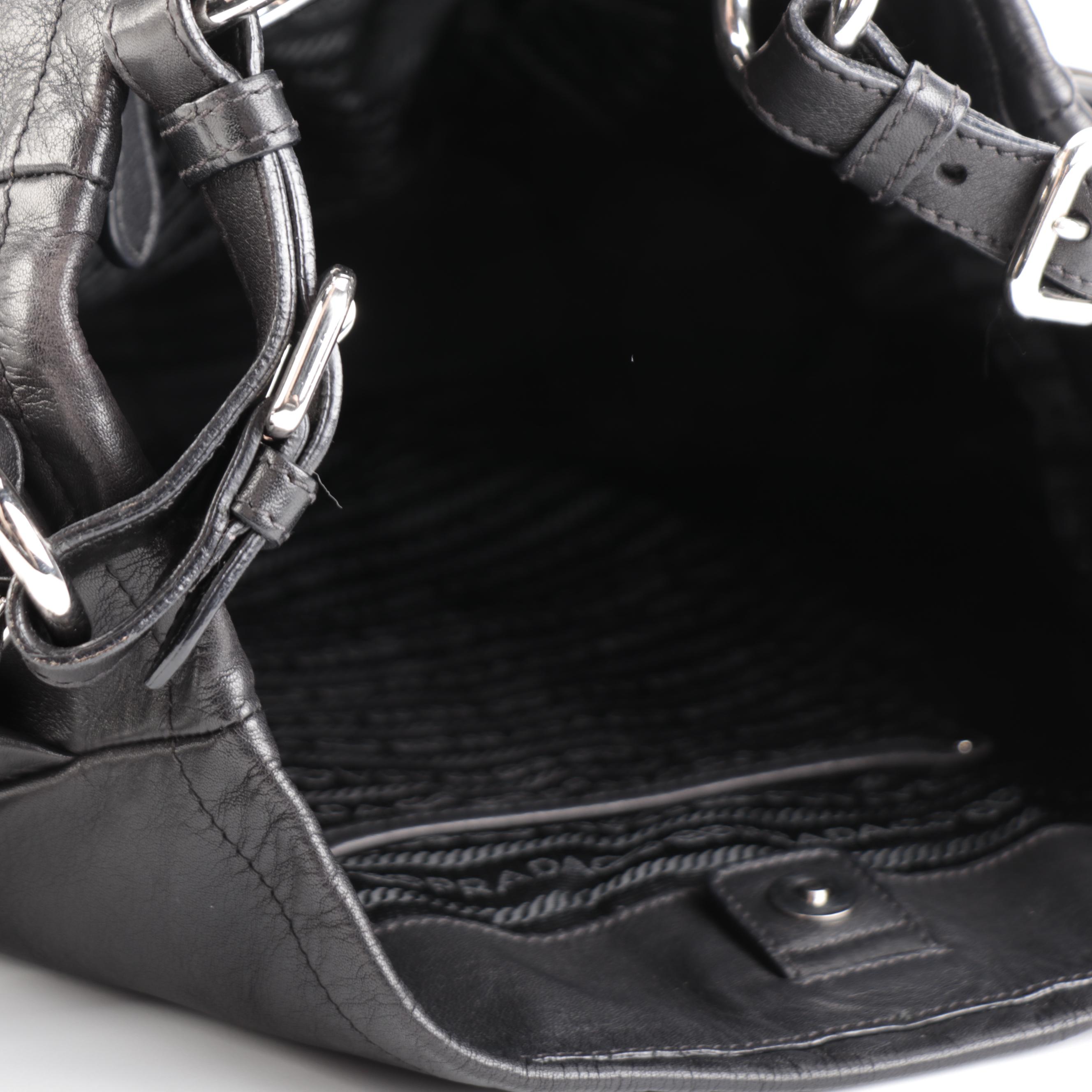 Prada Black Leather Side Pocket Hobo Bag