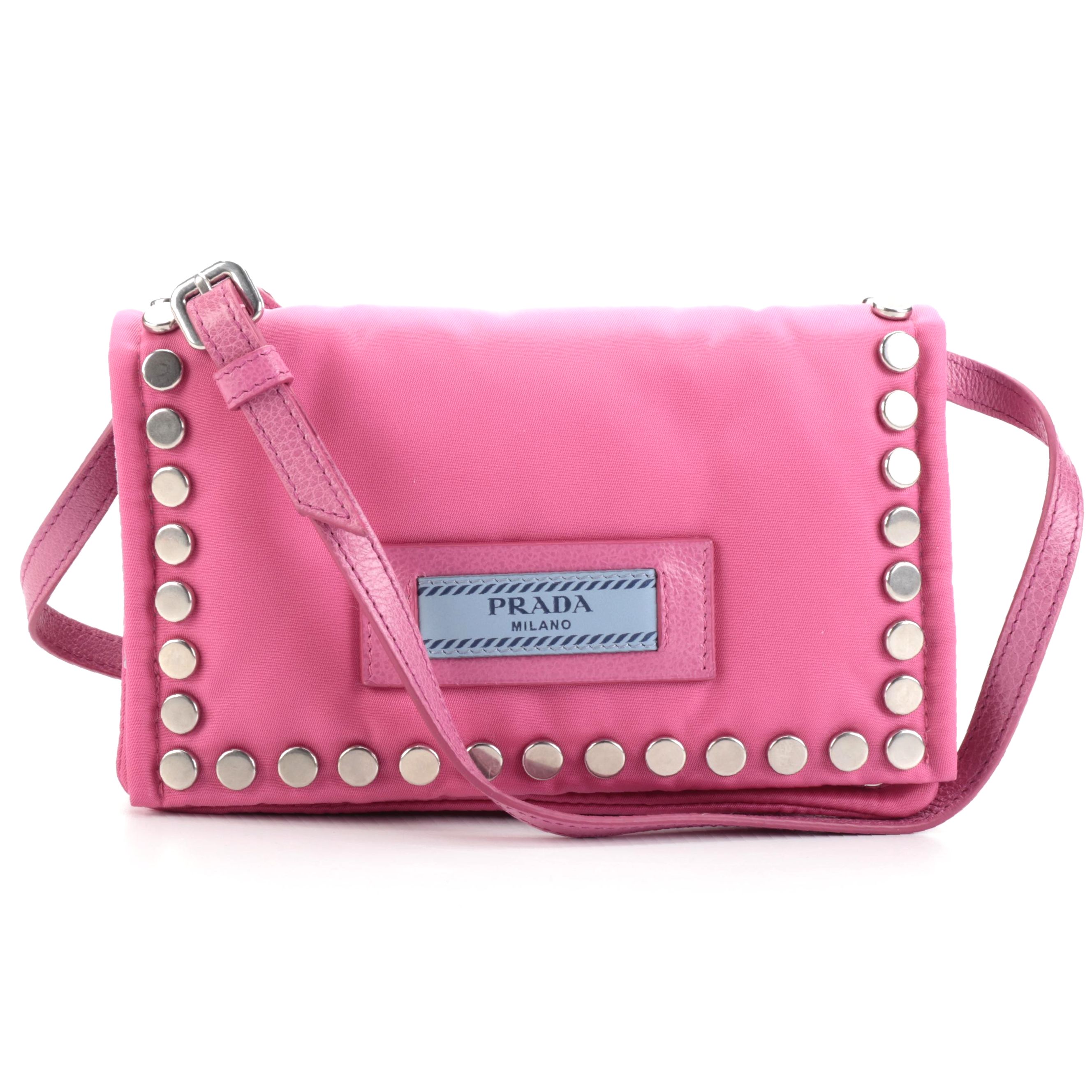 Prada Etiquette Front Flap Crossbody in Studded Pink Tessuto Nylon
