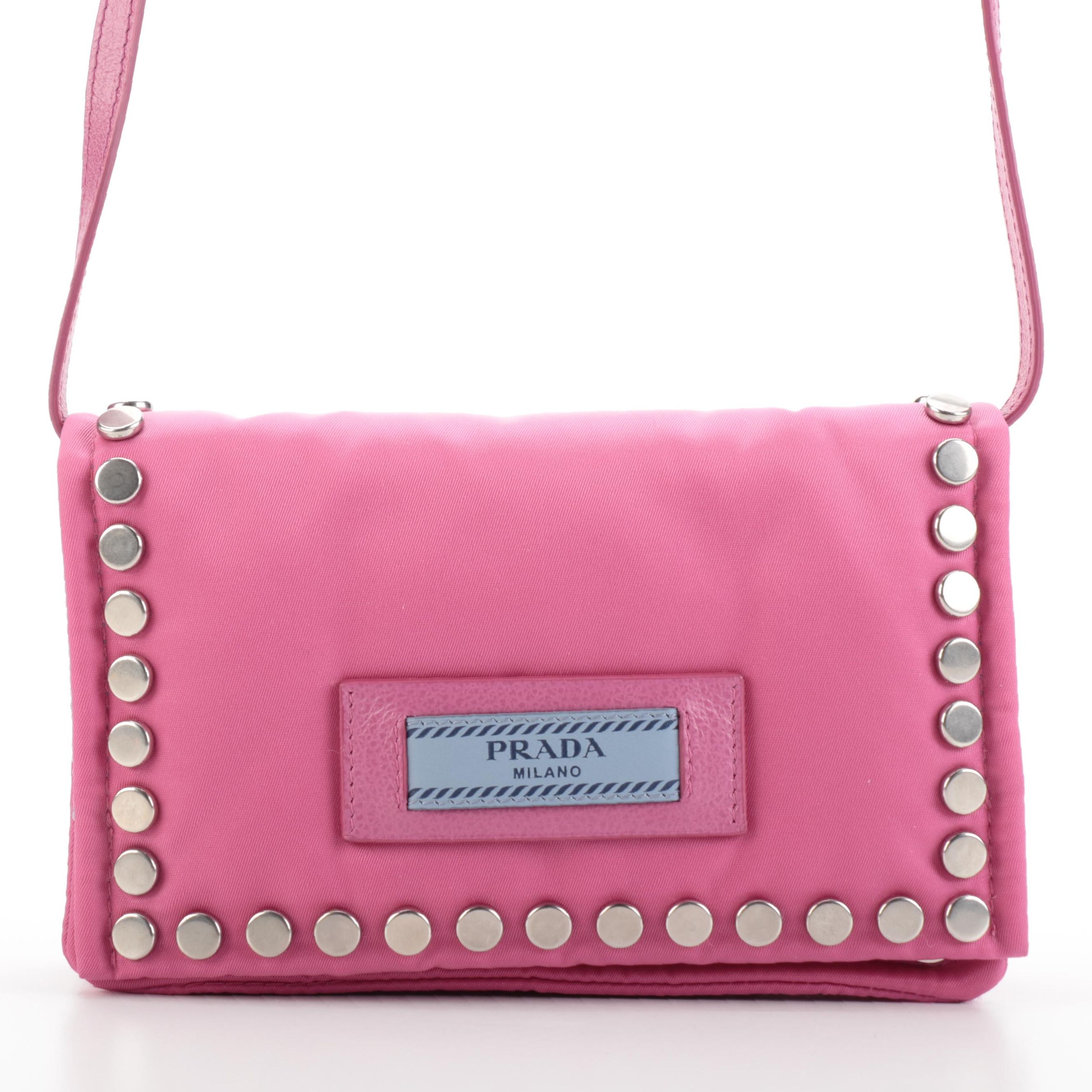 Prada Etiquette Front Flap Crossbody in Studded Pink Tessuto Nylon