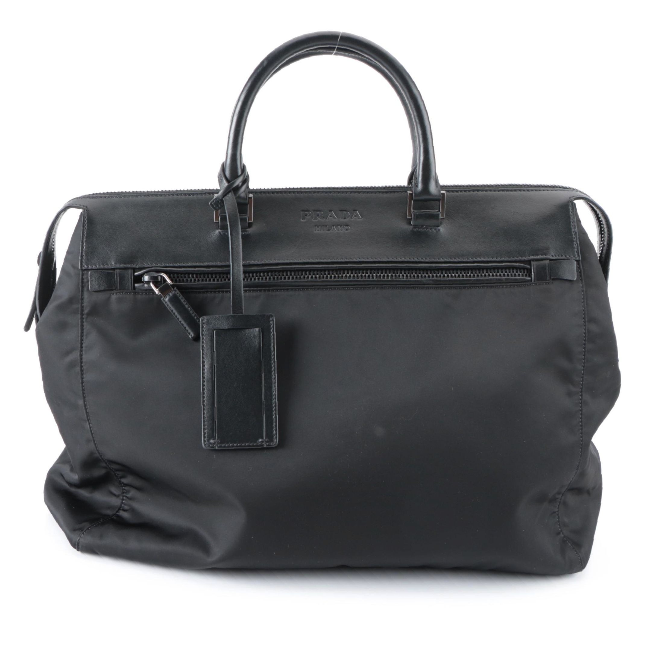 Prada Black Tessuto Nylon and Leather Weekender Zip Bag