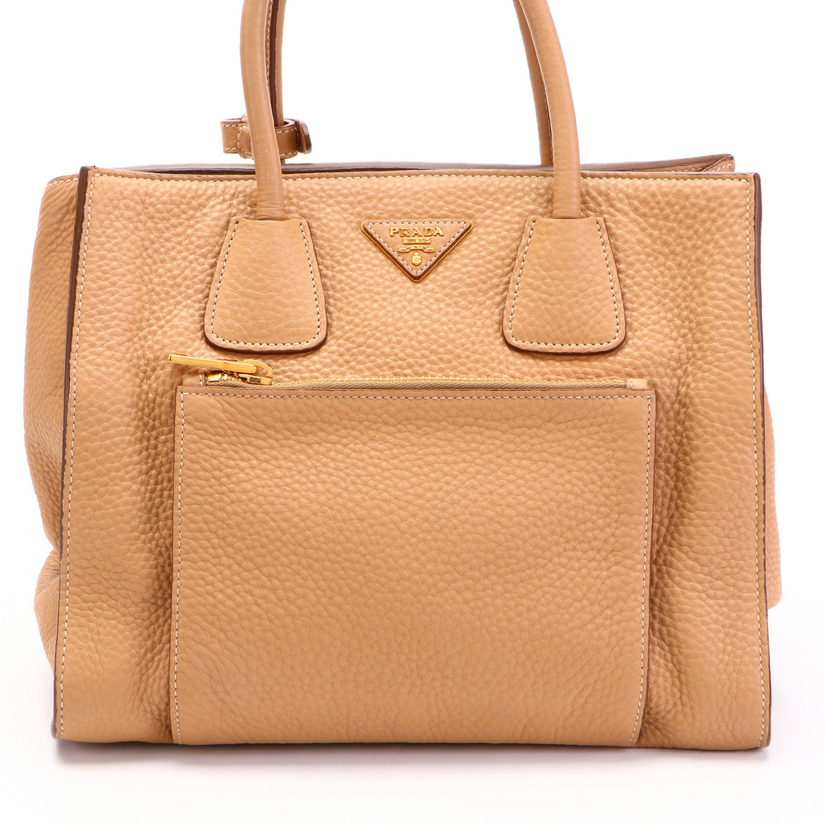 Prada Wing Convertible Tote Bag with Front Pocket in Tan Vitello Daino Leather
