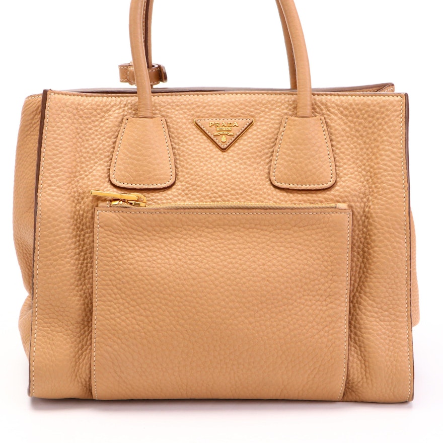 Prada Wing Convertible Tote Bag with Front Pocket in Tan Vitello Daino Leather