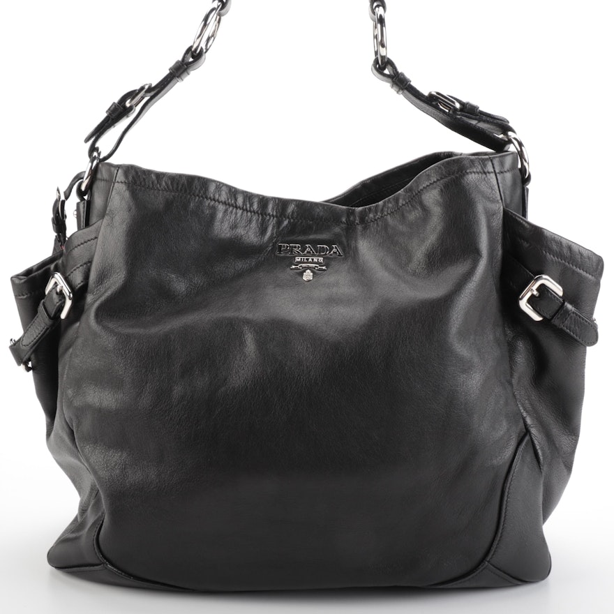 Prada Black Leather Side Pocket Hobo Bag