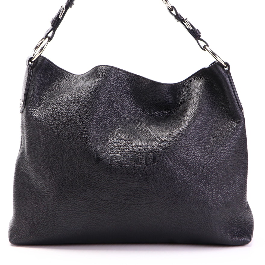 Prada Hobo Bag in Black Vitello Daino Leather