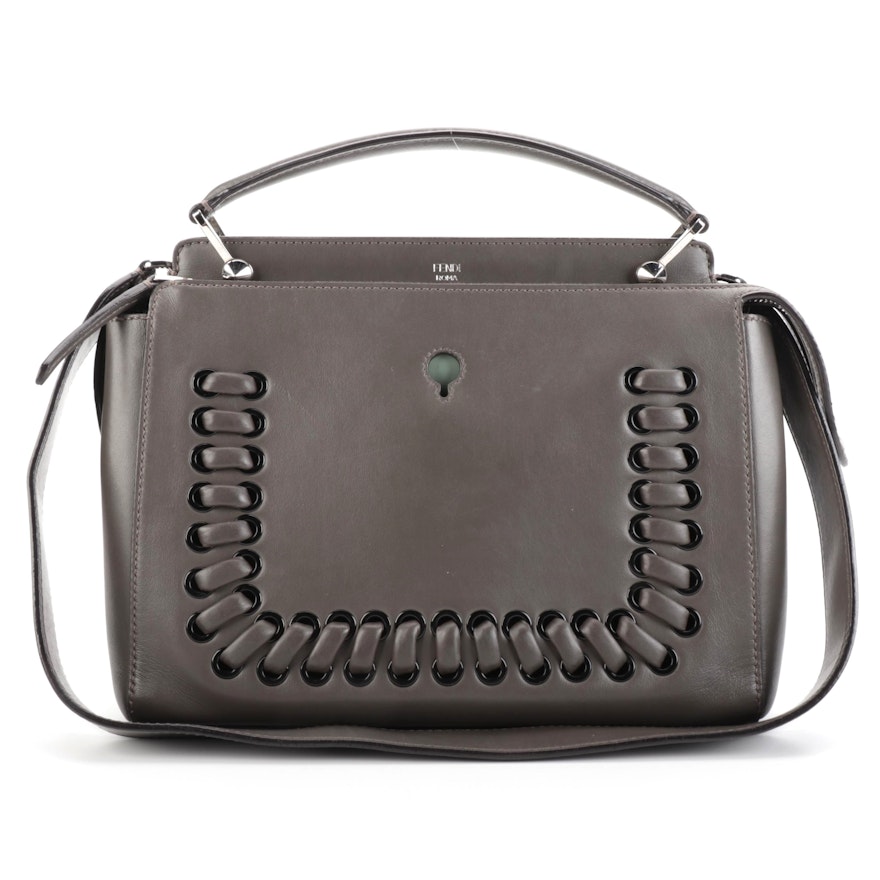 Fendi Dotcom Gray Leather Whipstitch Trim Convertible Handbag