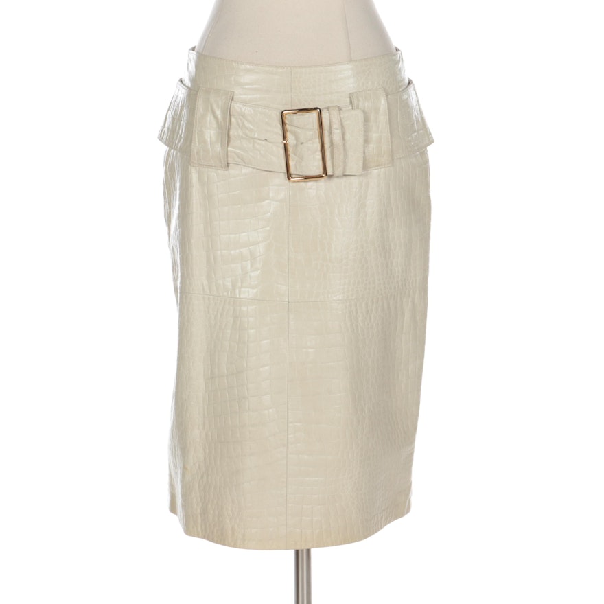 Alligator Embossed Off-White Faux Leather Skirt with Oversized Belt