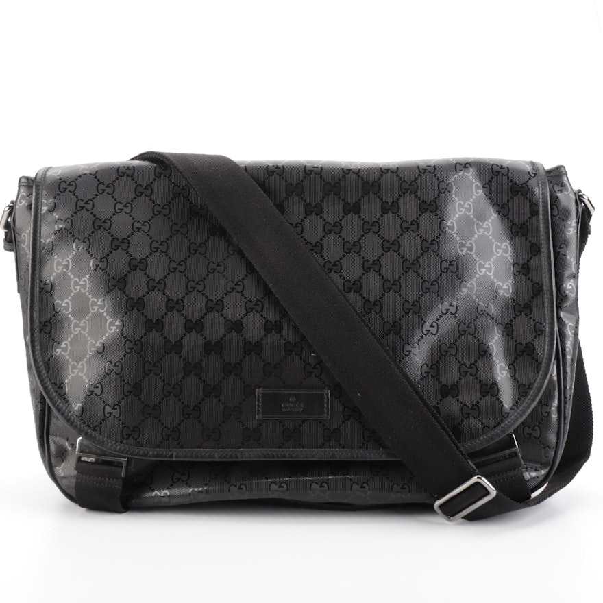 Gucci Imprime Black GG Canvas and Leather Trim Messenger Bag