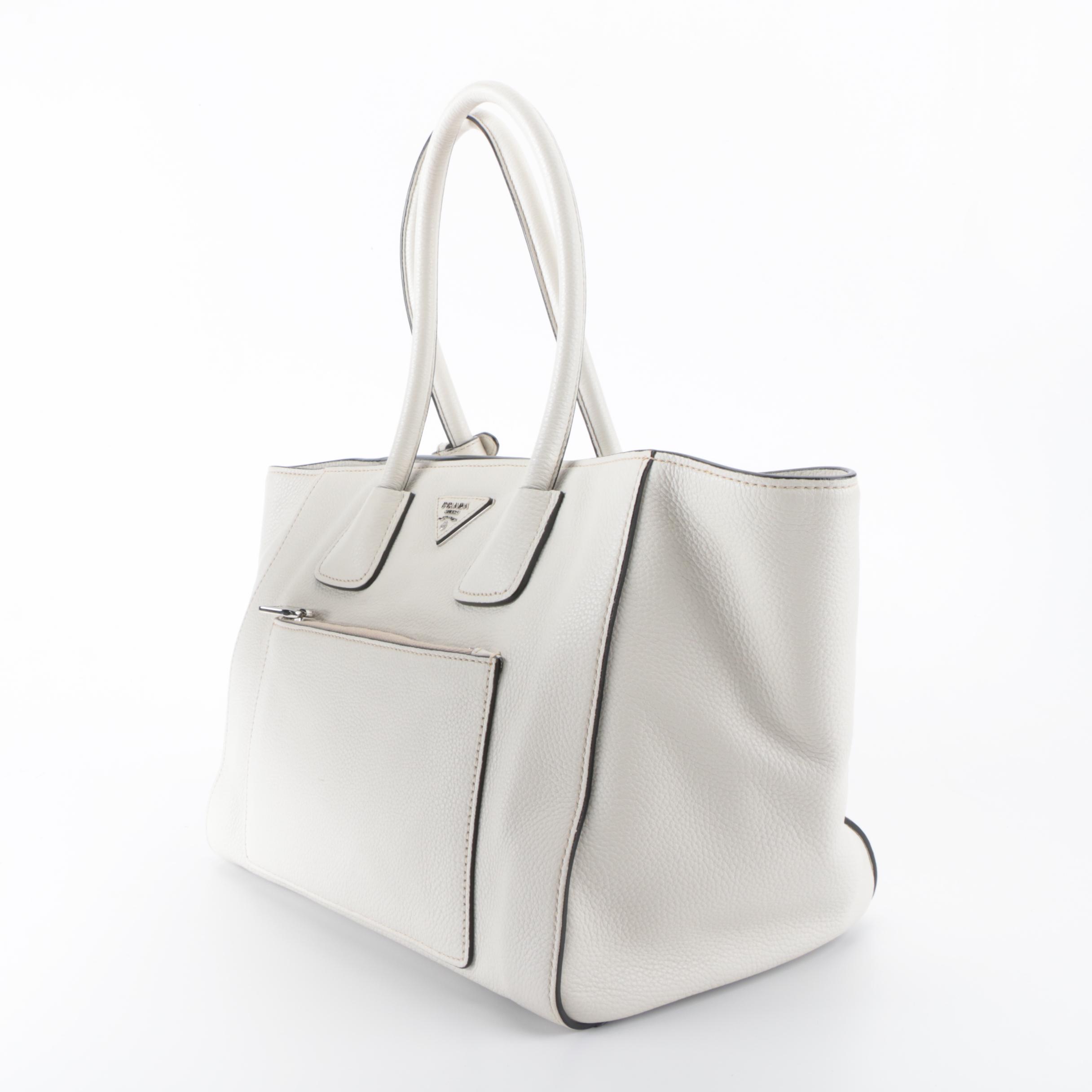 Prada Front Pocket Wing Tote in White Vitello Daino Leather