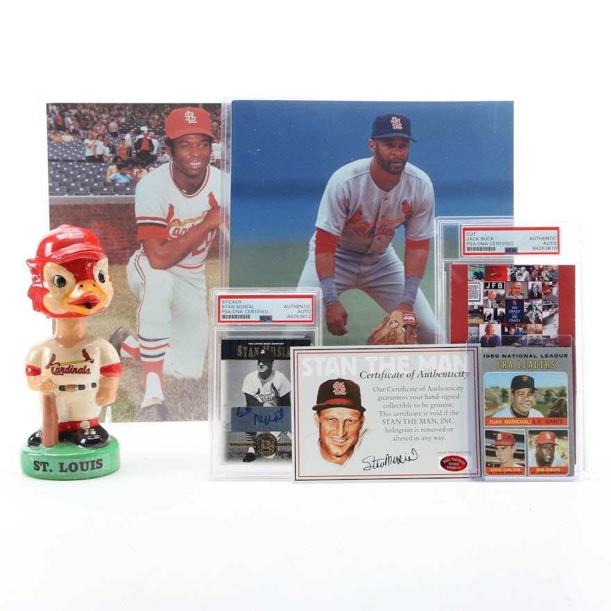 St. Louis Cardinals Jack Buck and Stan Musial Signed Cards, Bobblehead, Photos