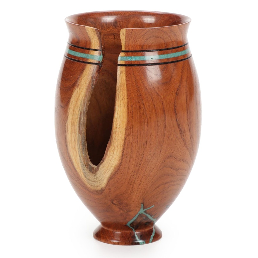 Peter Hawkins Turned Mesquite Wood Vase with Turquoise Inlay