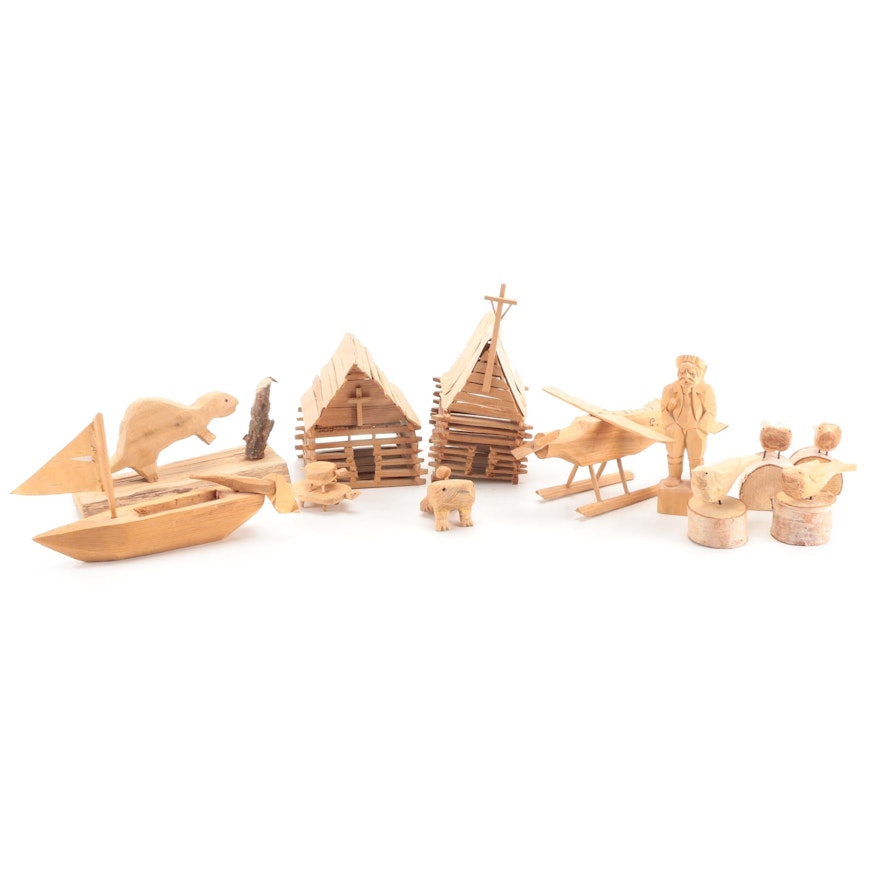 Handcrafted Plywood Bird, Beaver, Plane and House Figurines with Others