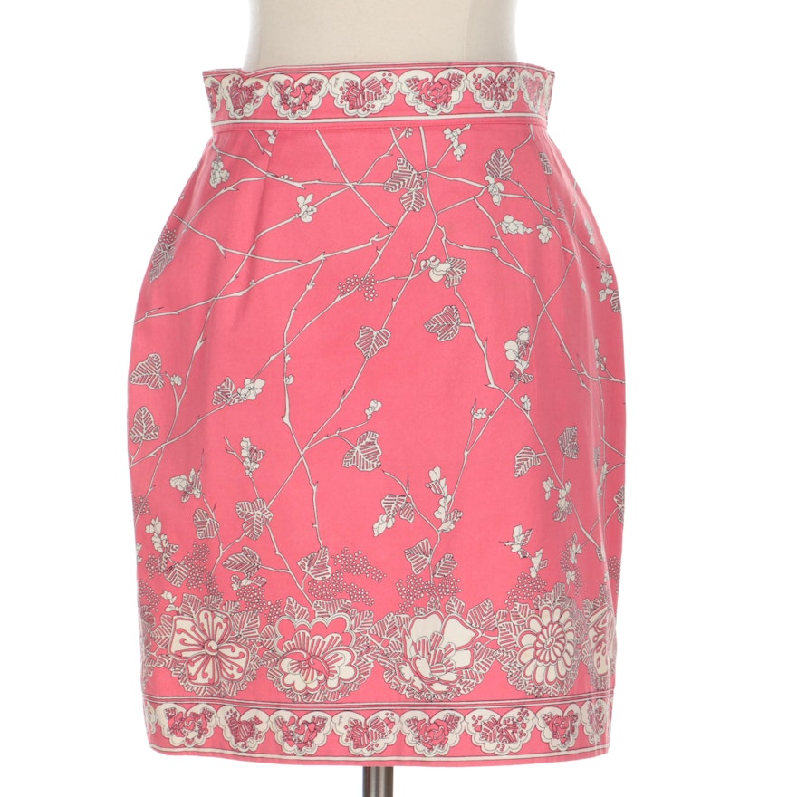 Emilio Pucci Pink-White Floral Printed Skirt in Cotton Twill