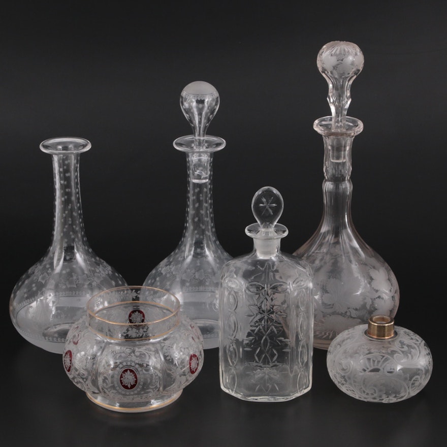 Continental European Etched Glass Shaft and Globe Decanters and Other Tableware