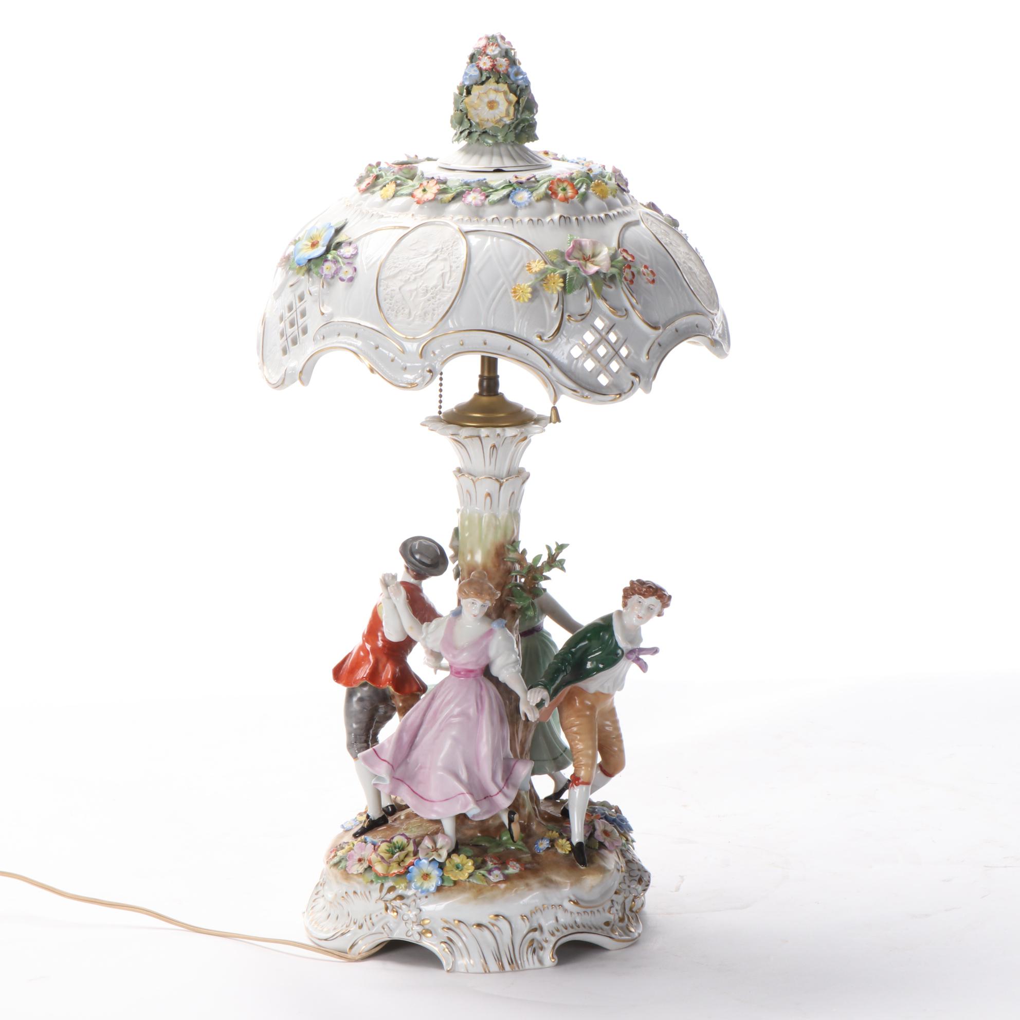 Dresden Style Porcelain Table Lamp with Lithophanes in Shade, Mid-20th C.