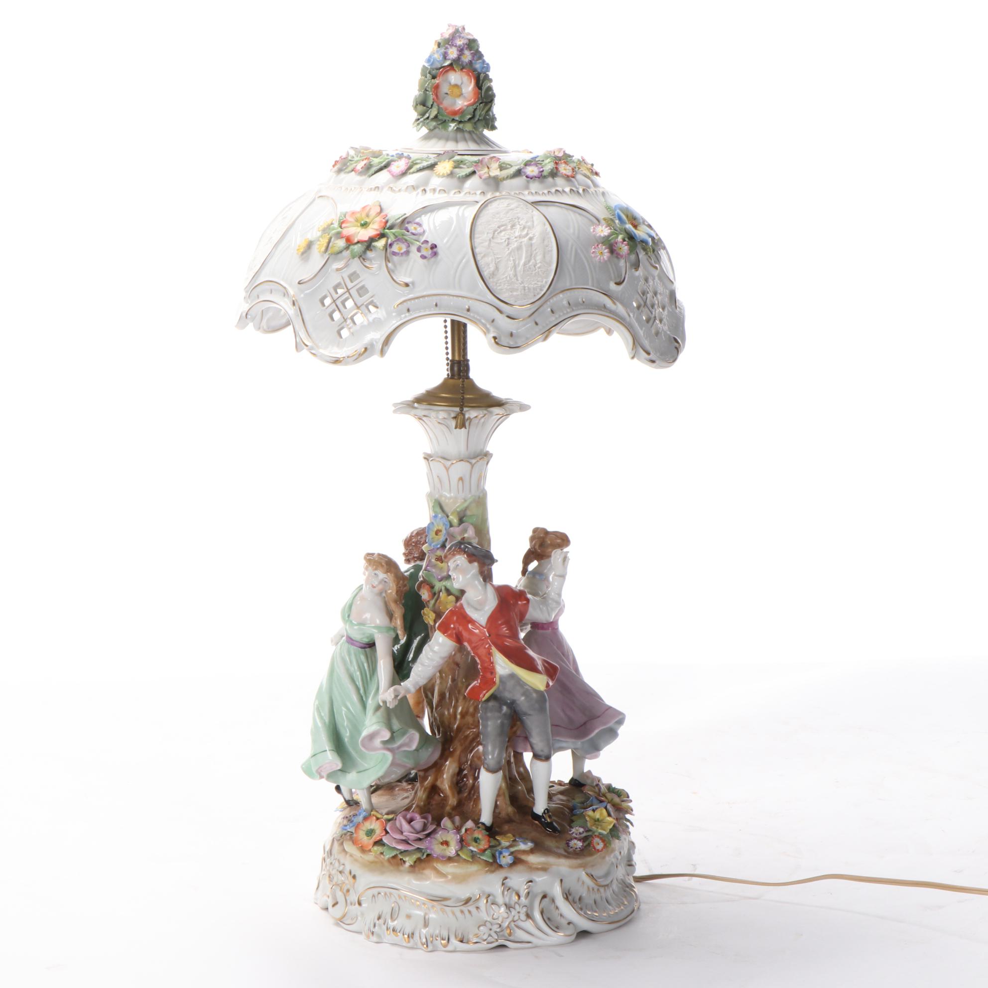 Dresden Style Porcelain Table Lamp with Lithophanes in Shade, Mid-20th C.